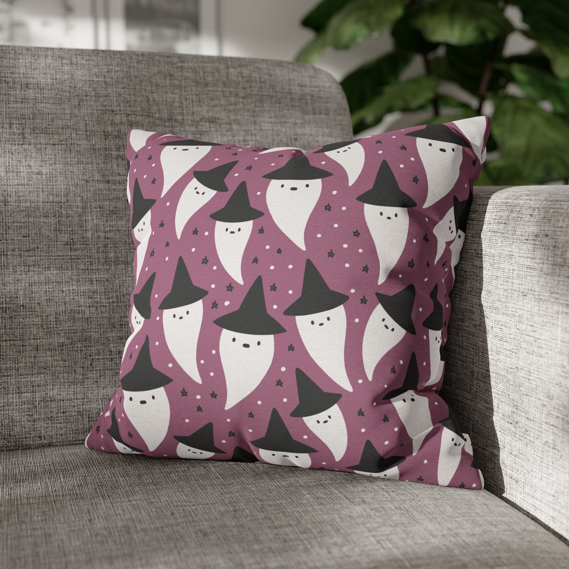 Whimsical Pillowcase, Spooky Ghosts Halloween Purple Pillow Cover, Square Accent Pillow Case 16" × 16"   - HolidayShoppingFinds