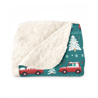 Winter Roadtrip Sherpa Blanket, Snowy Cars Vehicle-Themed Throw Blanket, Teal Blanket    - HolidayShoppingFinds