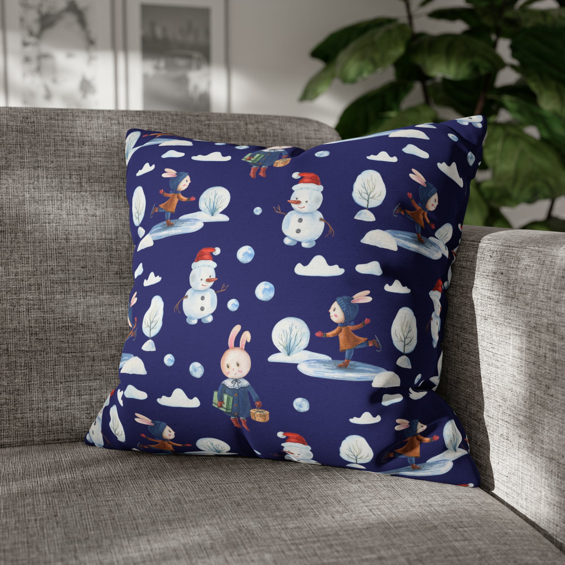 Snowman Pillowcase, Holiday Decor Pillow Cozy Winter Blue Throw Pillow, Holiday Gift 20" × 20"   - HolidayShoppingFinds