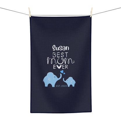 Personalized Best Mom Ever Kitchen Towel Blue, Mom Gift, Baby Elephants Towel    - HolidayShoppingFinds