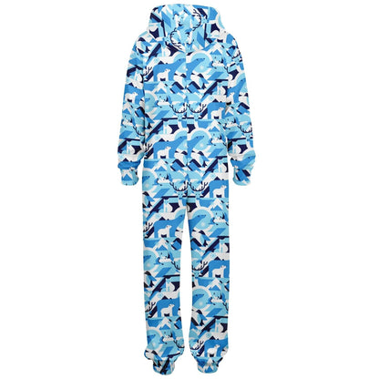 Winter Wildlife Blue Jumpsuit Adult Onesie Unisex Athletic One-Piece PJs    - HolidayShoppingFinds