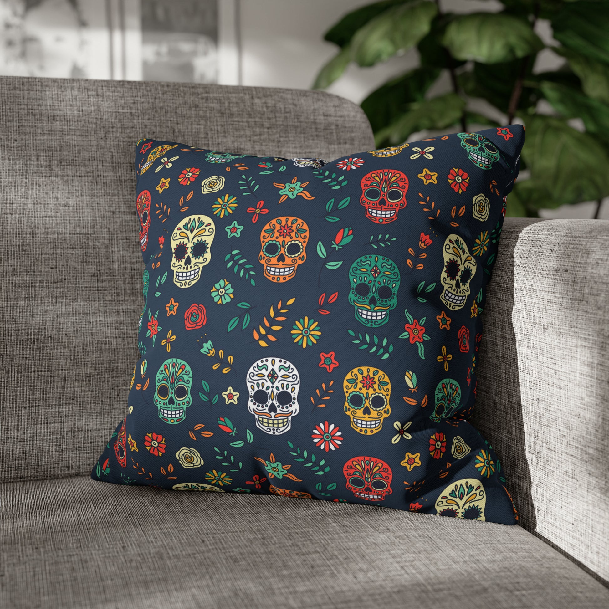 Sugar Skulls Pillowcase, Day of the Dead Pillow, Halloween Accent Blue Pillow Cover, Square Accent Pillow 18" × 18"   - HolidayShoppingFinds