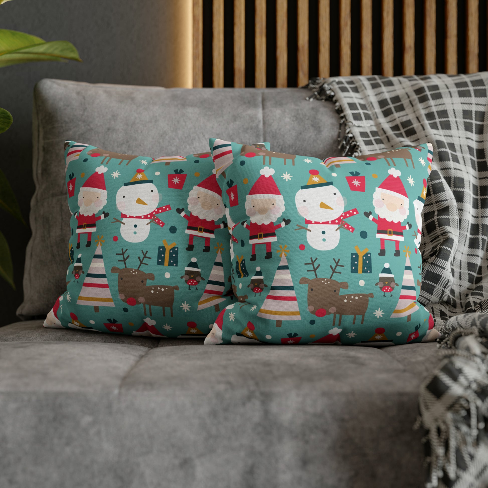 Merry Trio Green Pillowcase with Santa, Snowman & Reindeer Pillow Case Cover    - HolidayShoppingFinds