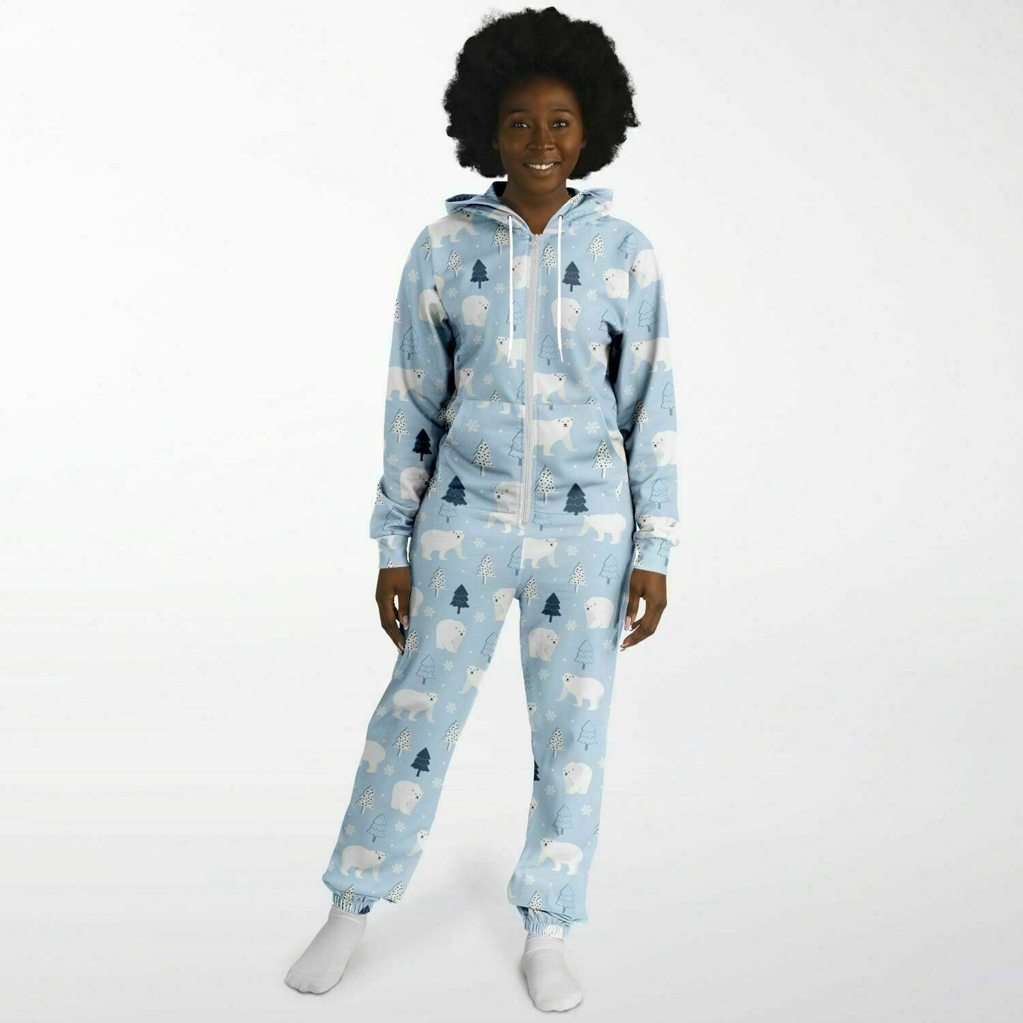 Polar Bears Winter Wonderland Blue Jumpsuit Adult Onesie Gender-Neutral Athletic PJs    - HolidayShoppingFinds