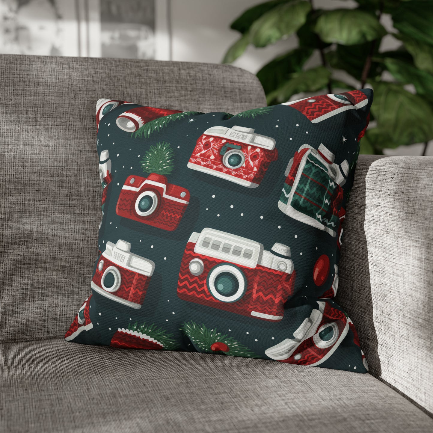 Vintage Camera Holiday Green Retro Pillow Case, Christmas Pillow Throw, Holiday Gift 18" × 18"   - HolidayShoppingFinds