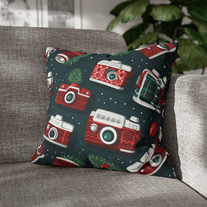 Vintage Camera Holiday Green Retro Pillow Case, Christmas Pillow Throw, Holiday Gift 18" × 18"   - HolidayShoppingFinds