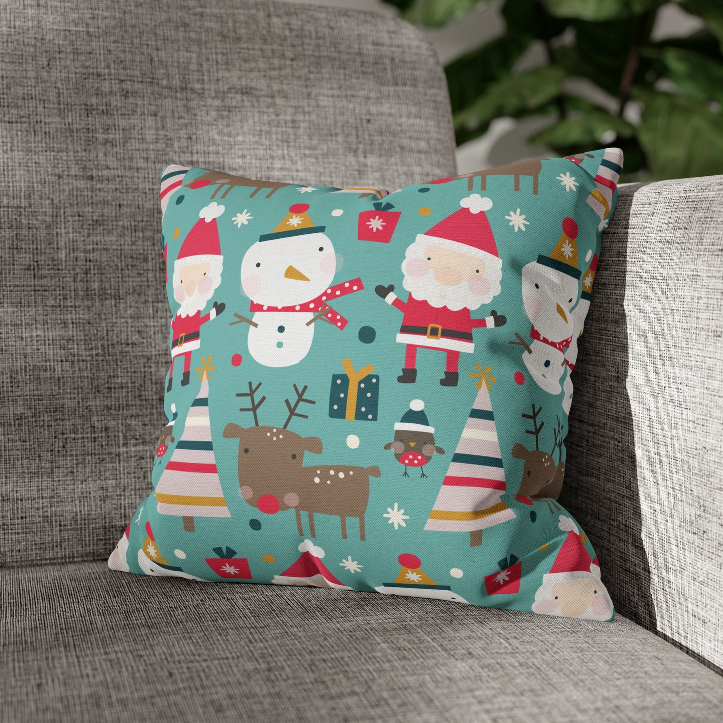 Merry Trio Green Pillowcase with Santa, Snowman & Reindeer Pillow Case Cover 14" × 14"   - HolidayShoppingFinds