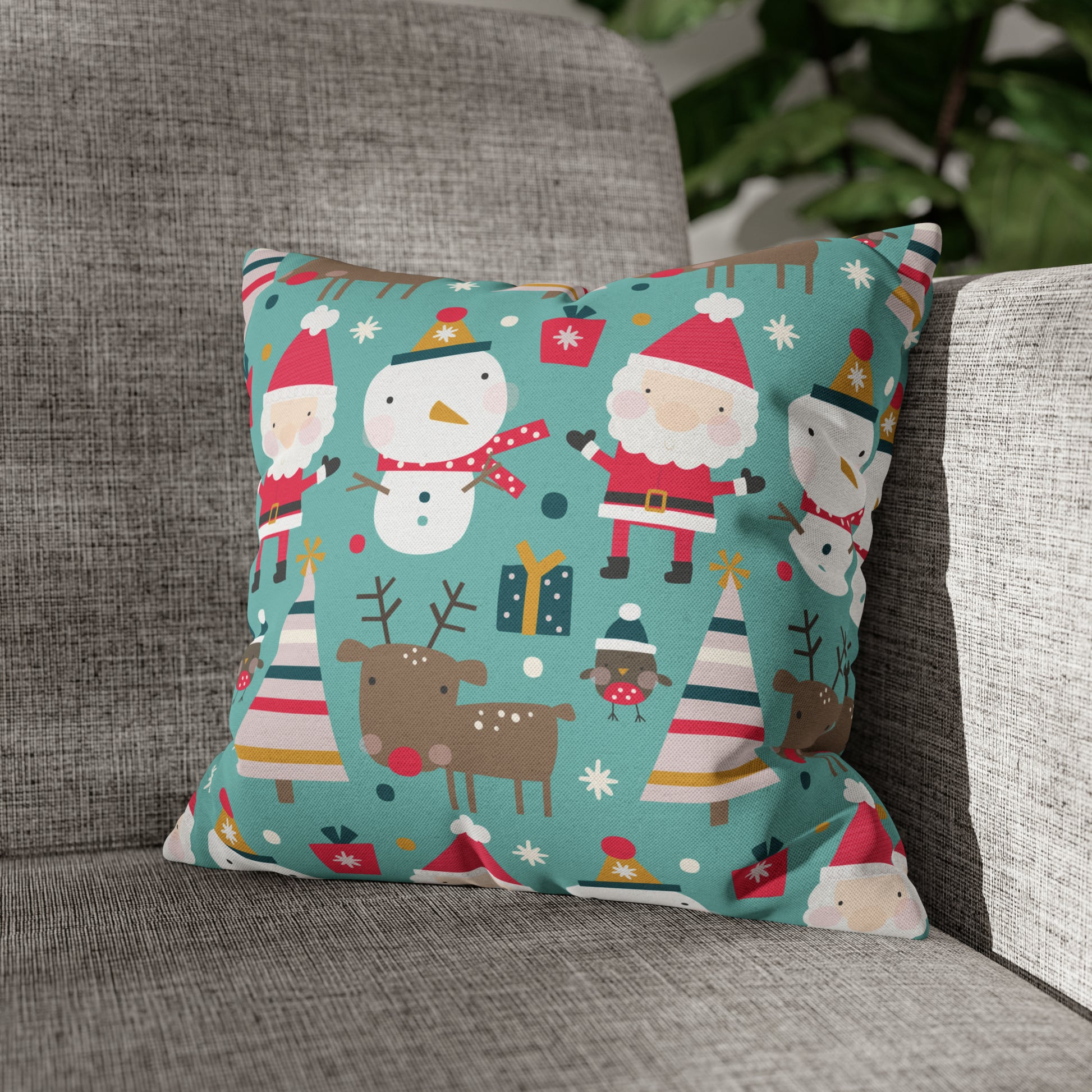 Merry Trio Green Pillowcase with Santa, Snowman & Reindeer Pillow Case Cover 14" × 14"   - HolidayShoppingFinds