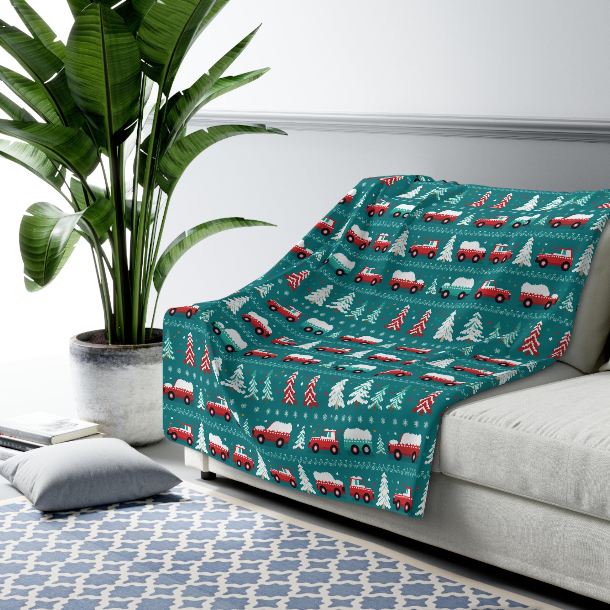 Winter Roadtrip Sherpa Blanket, Snowy Cars Vehicle-Themed Throw Blanket, Teal Blanket 60" × 80"   - HolidayShoppingFinds