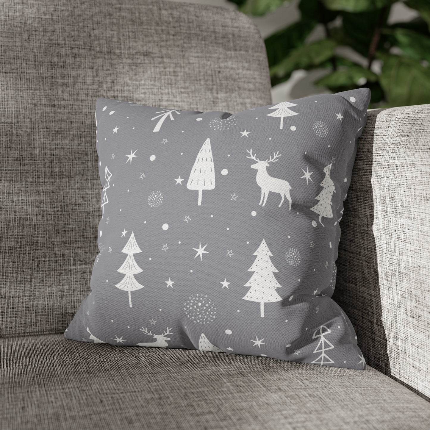 Reindeer Winter Wonderland Pillowcase Gray Holiday Pillow Christmas Gift (A), Holiday Gift 14" × 14"   - HolidayShoppingFinds