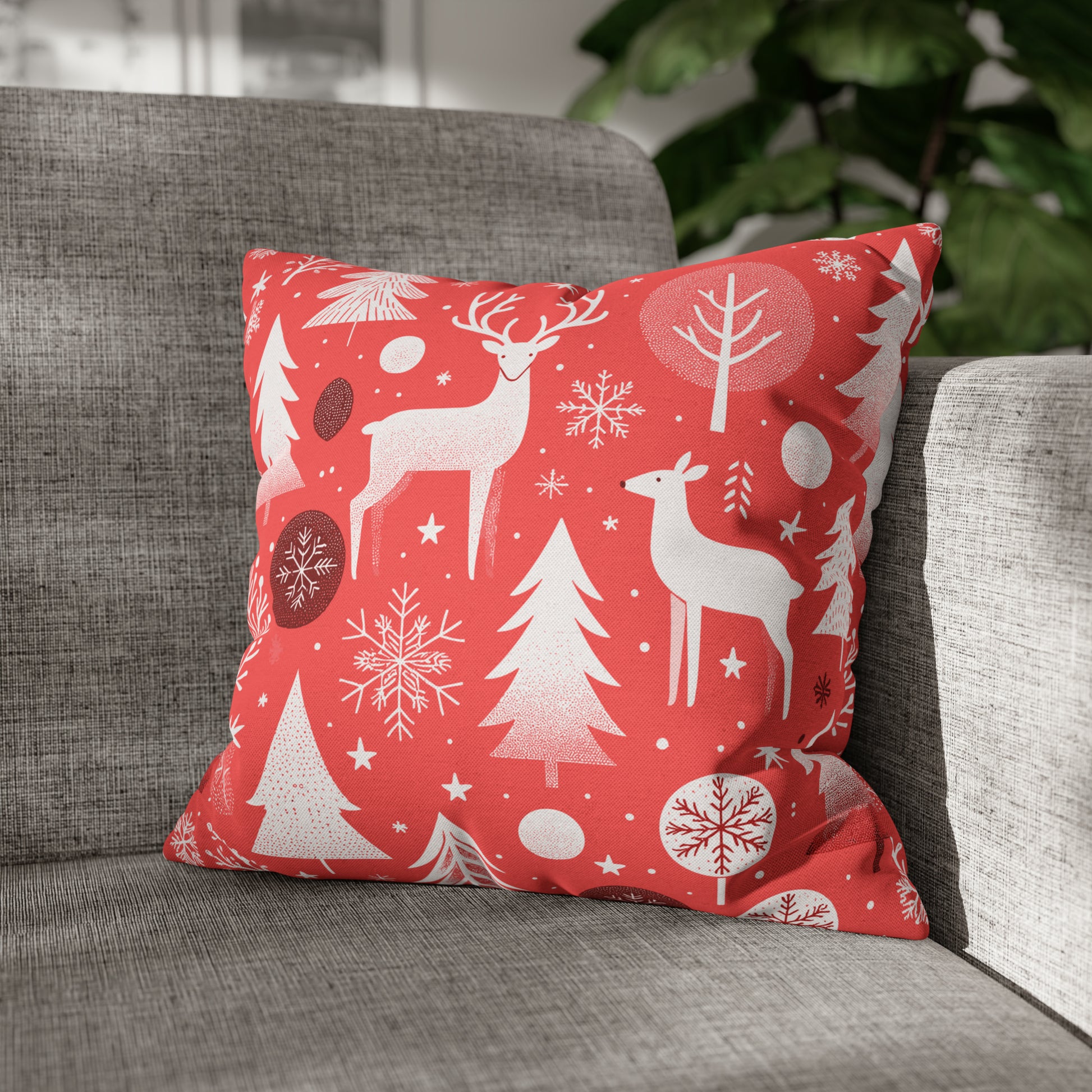 Red Holiday Pillowcase, Winter Pillow Case with Deers, Christmas Trees & Snowflakes, Holiday Gift 16" × 16"   - HolidayShoppingFinds