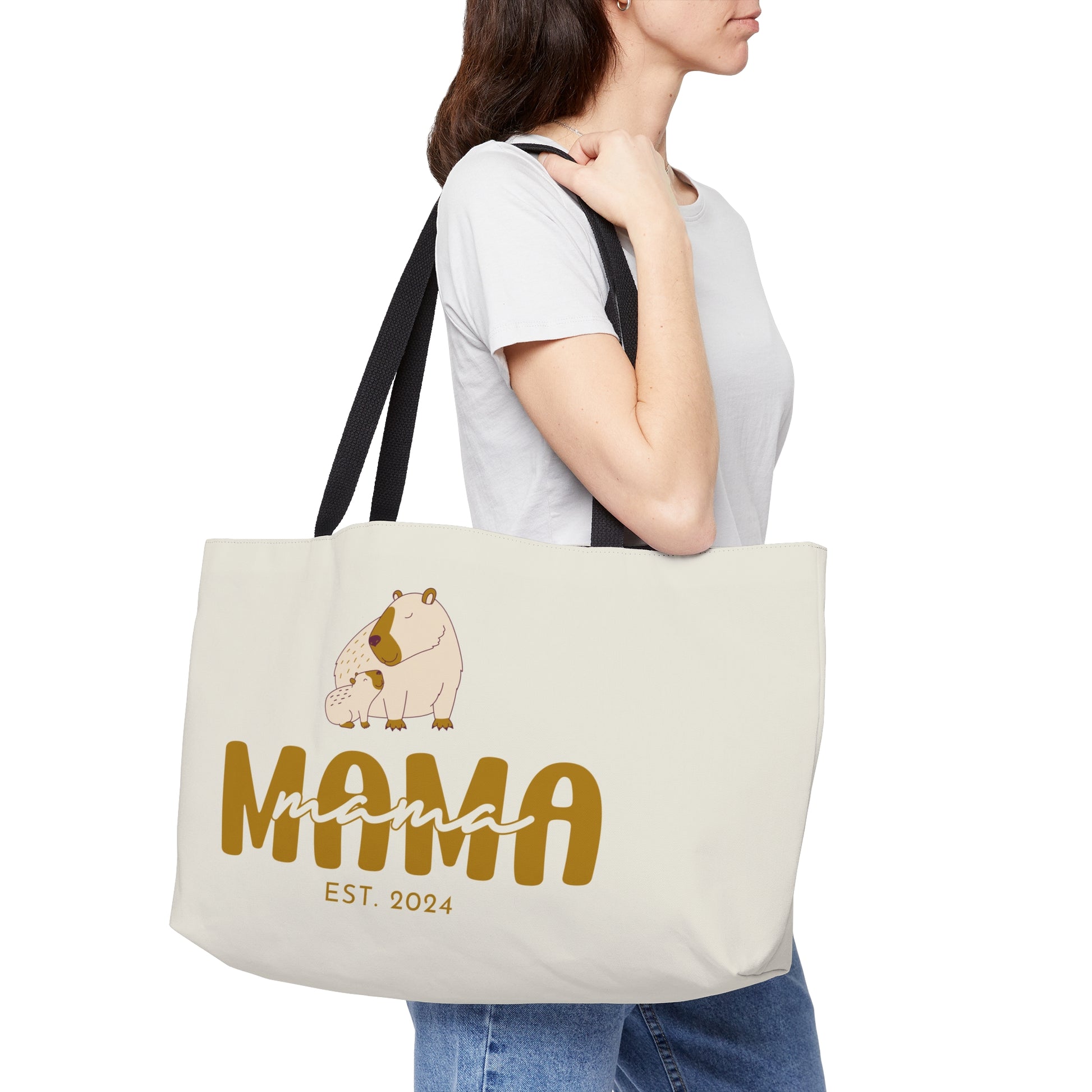 Personalized Mama Capybara Weekender Tote Beige, Gift For Mom    - HolidayShoppingFinds