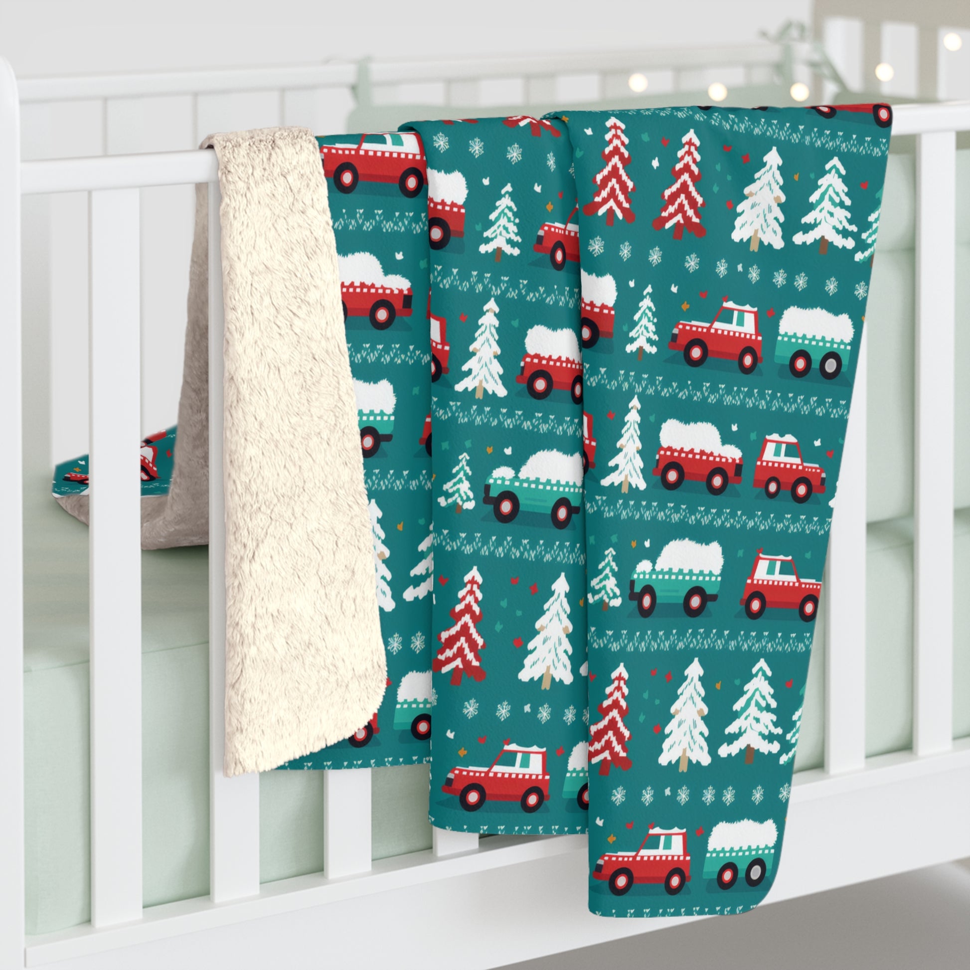 Winter Roadtrip Sherpa Blanket, Snowy Cars Vehicle-Themed Throw Blanket, Teal Blanket    - HolidayShoppingFinds