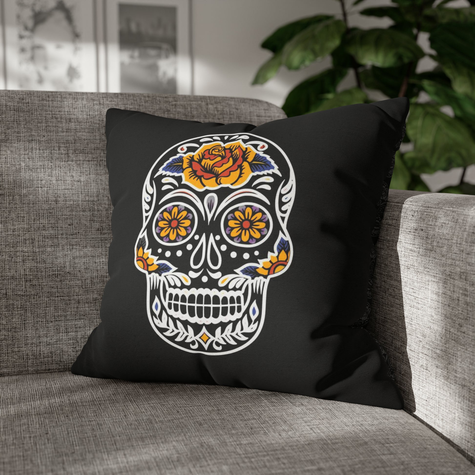 Sugar Skull Pillowcase, Day of the Dead Pillow, Dia De Los Muertos Pillow, Black Gothic Pillow, 2-Sided Square Pillow Cover    - HolidayShoppingFinds