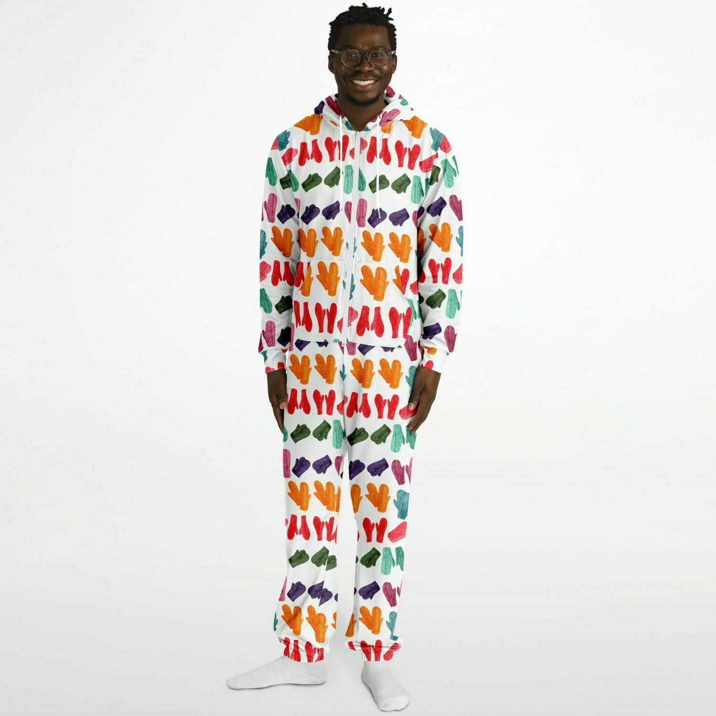 Vintage Colorful Mitten Pattern Adult Jumpsuit White Athletic Onesie Unisex PJ    - HolidayShoppingFinds