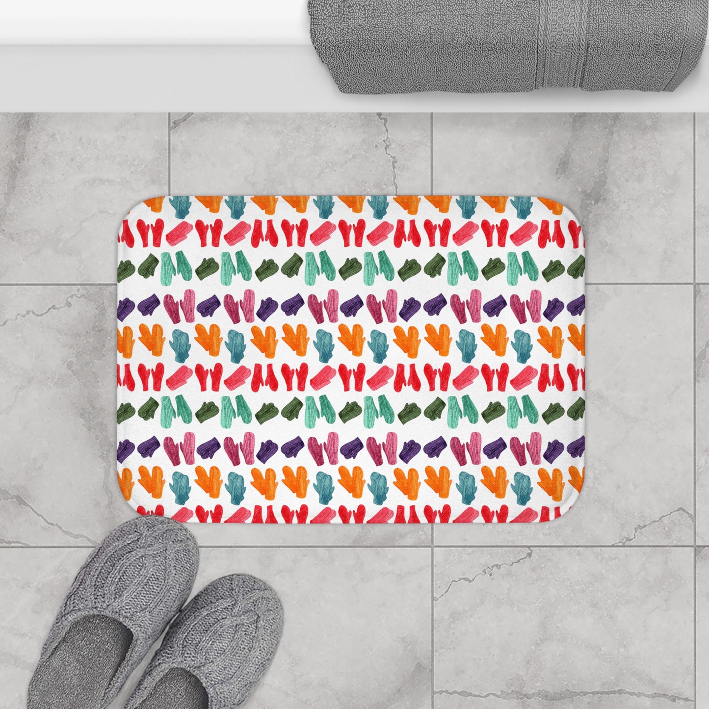 Vintage Mittens Bath Mat, Winter Bath Mat, Holiday White Bath Rug 24" × 17"   - HolidayShoppingFinds