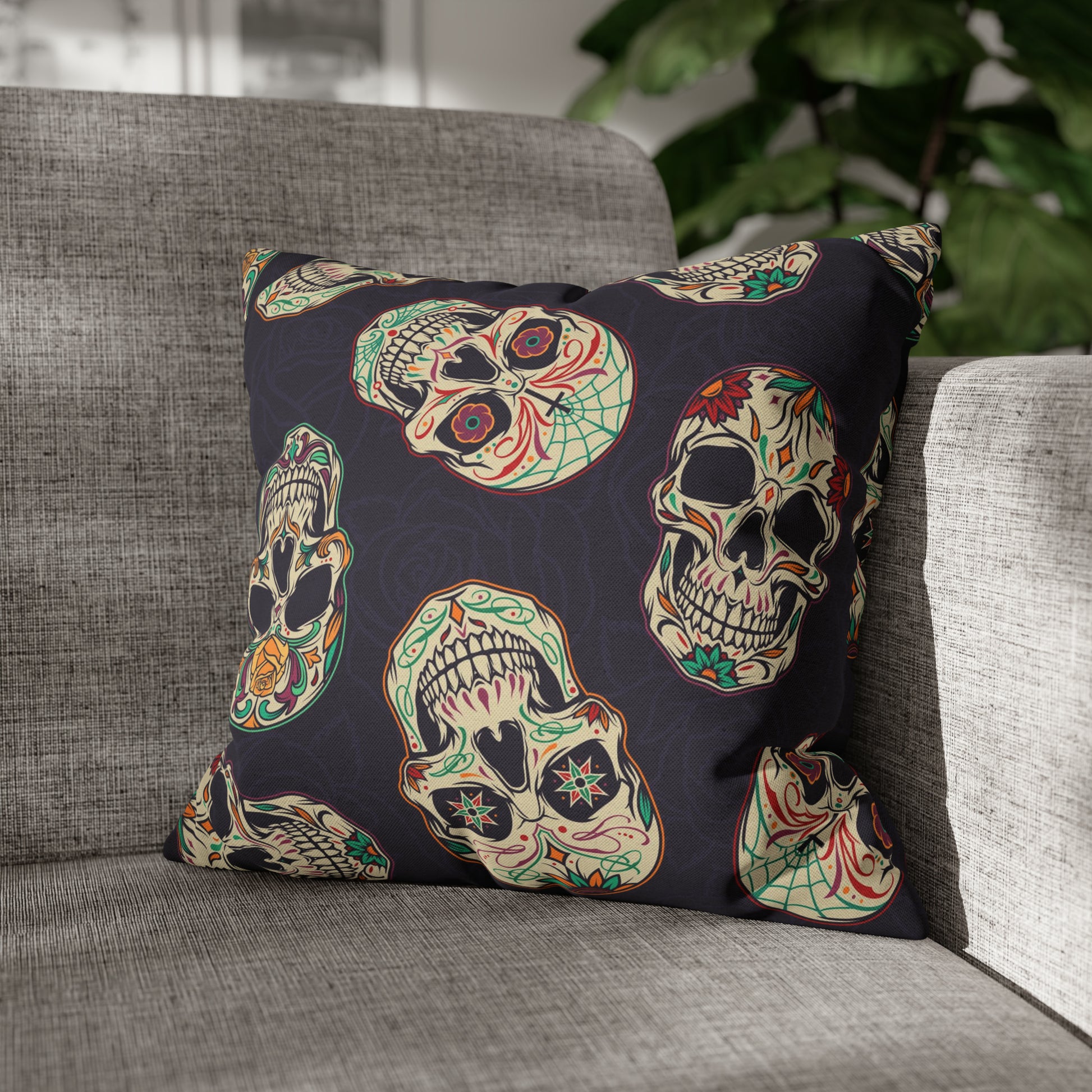 Sugar Skull Pillowcase, Day of the Dead Dia De Los Muertos Purple Pillow, Square 2-Sided Accent Pillow Cover 16" × 16"   - HolidayShoppingFinds