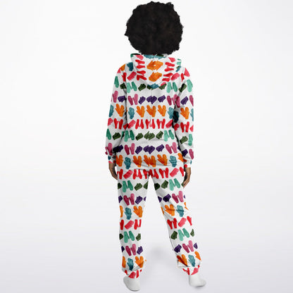 Vintage Colorful Mitten Pattern Adult Jumpsuit White Athletic Onesie Unisex PJ    - HolidayShoppingFinds