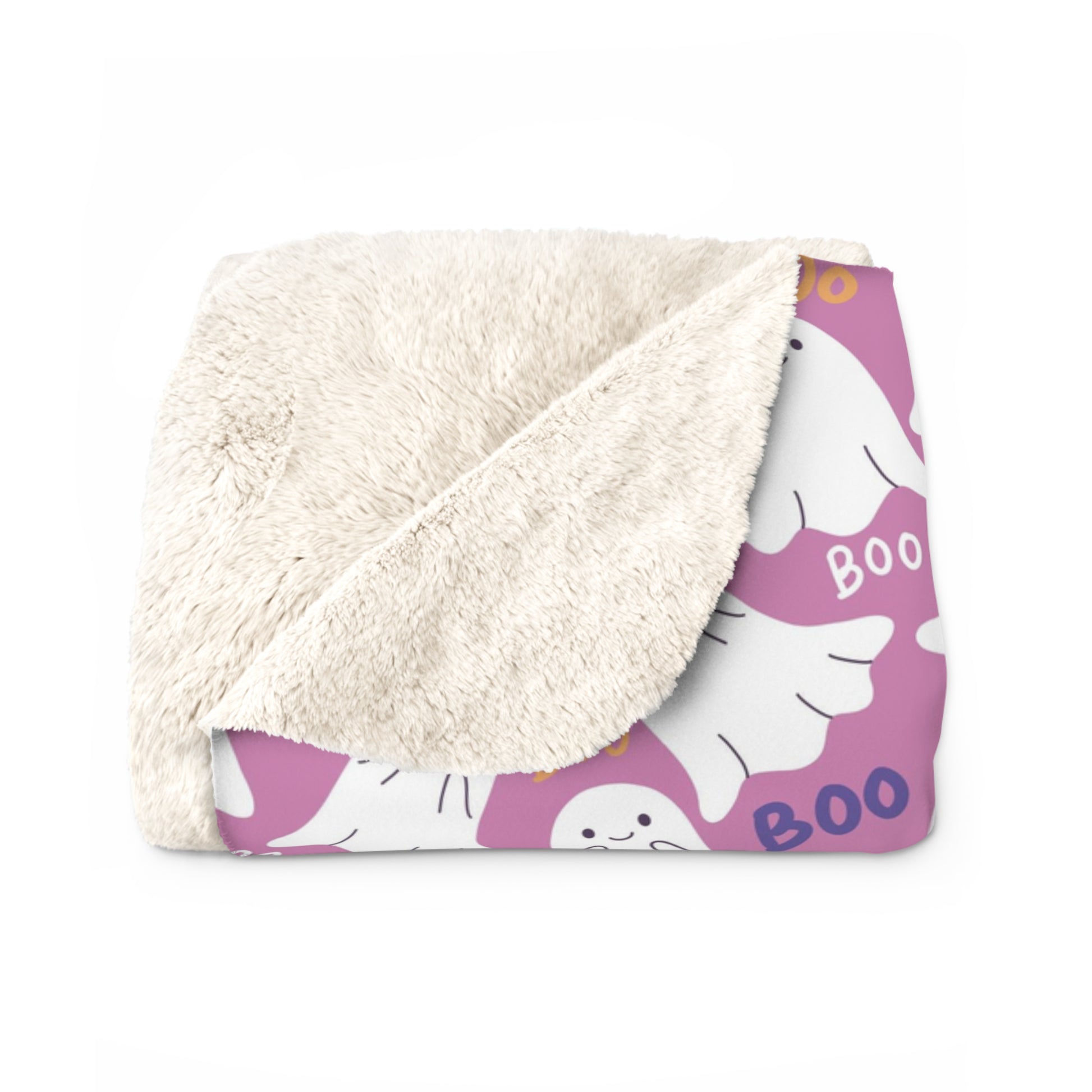 BOO Ghost Pink Sherpa Fleece Blanket, Halloween Ghost Throw Blanket    - HolidayShoppingFinds