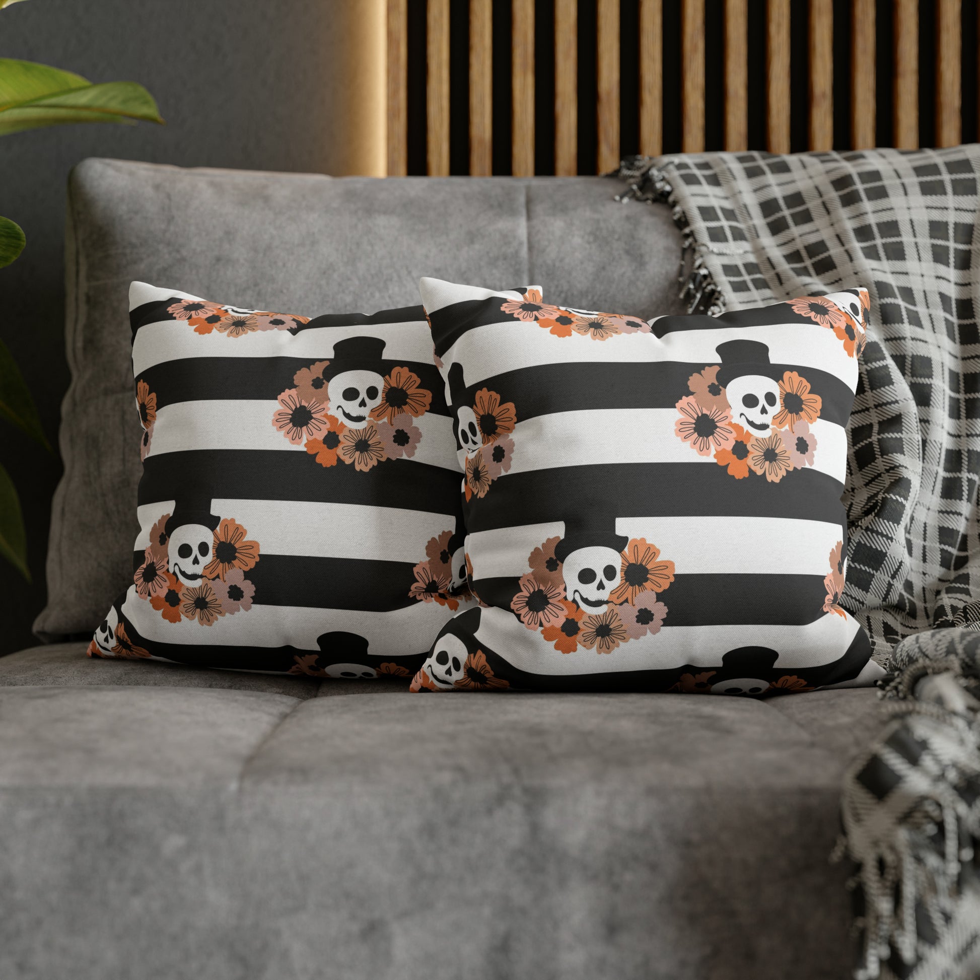 Halloween Phantom Pillowcase, Dia de los Muertos Skull Accent Pillow, 2-Sided Square B&W Decorative Pillow 14" × 14"   - HolidayShoppingFinds