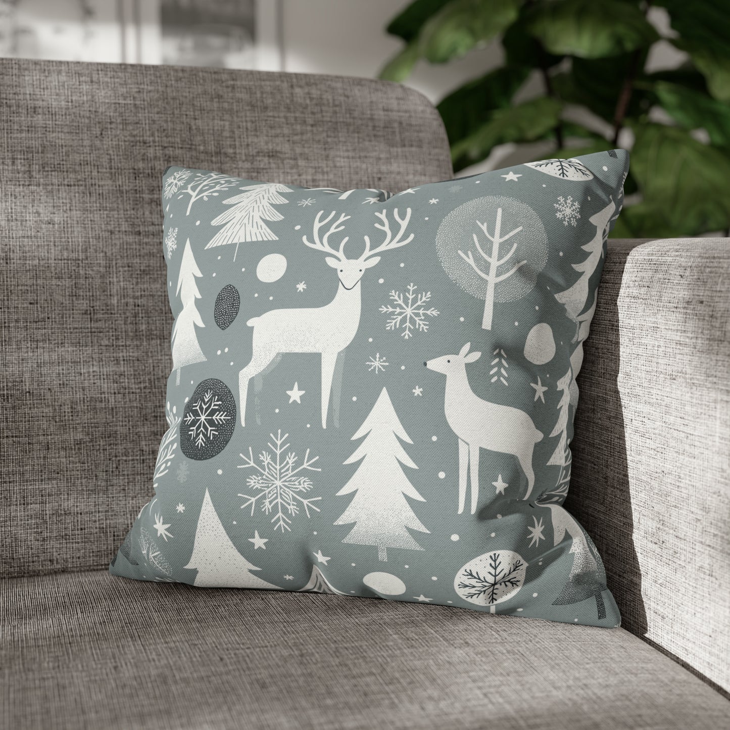 Reindeer Winter Wonderland Pillowcase Gray Holiday Pillow Christmas Gift, Holiday Gift (B) 16" × 16"   - HolidayShoppingFinds