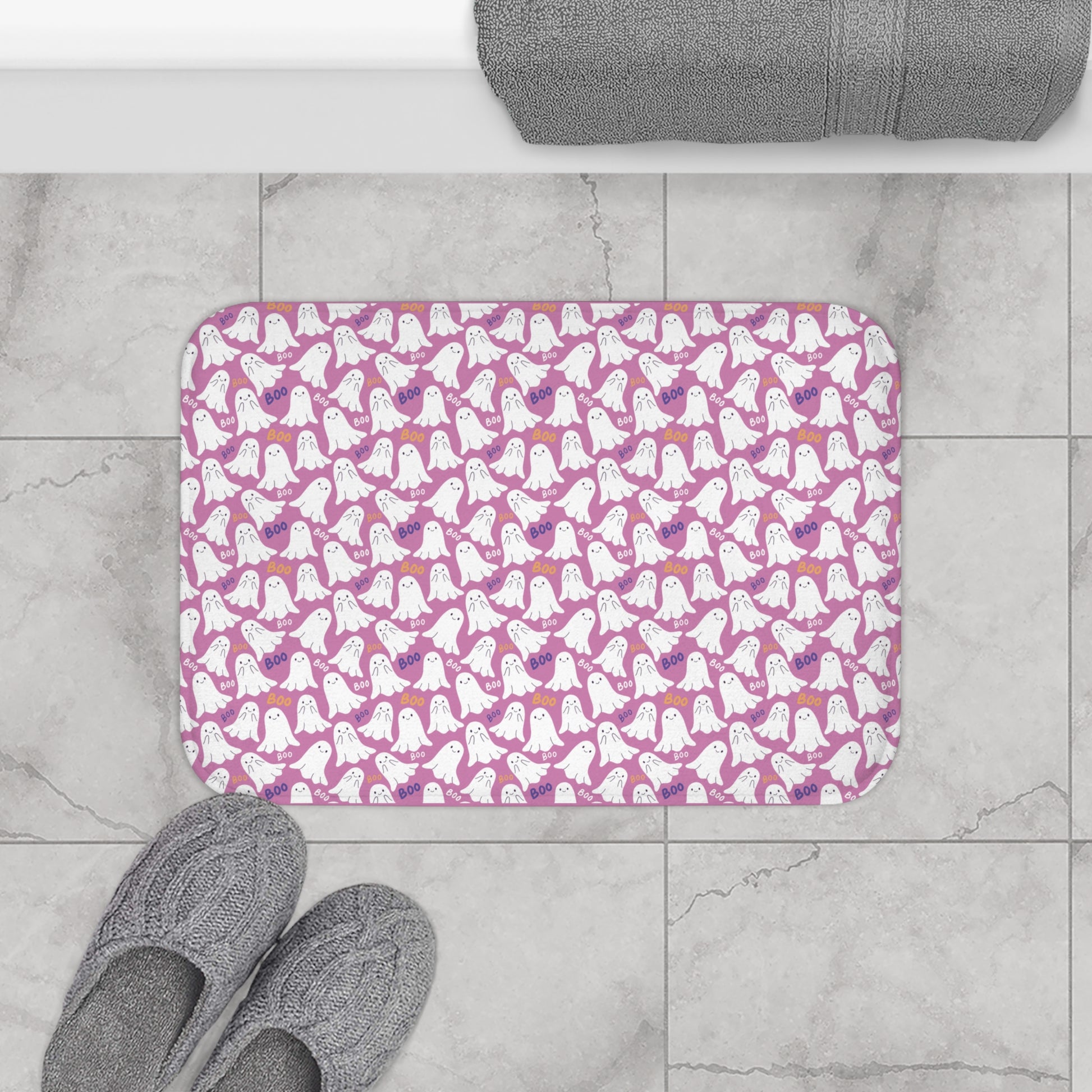 BOO Ghosts Halloween Bath Mat, Spooky Ghosts Pink Bath Rug 24" × 17"   - HolidayShoppingFinds