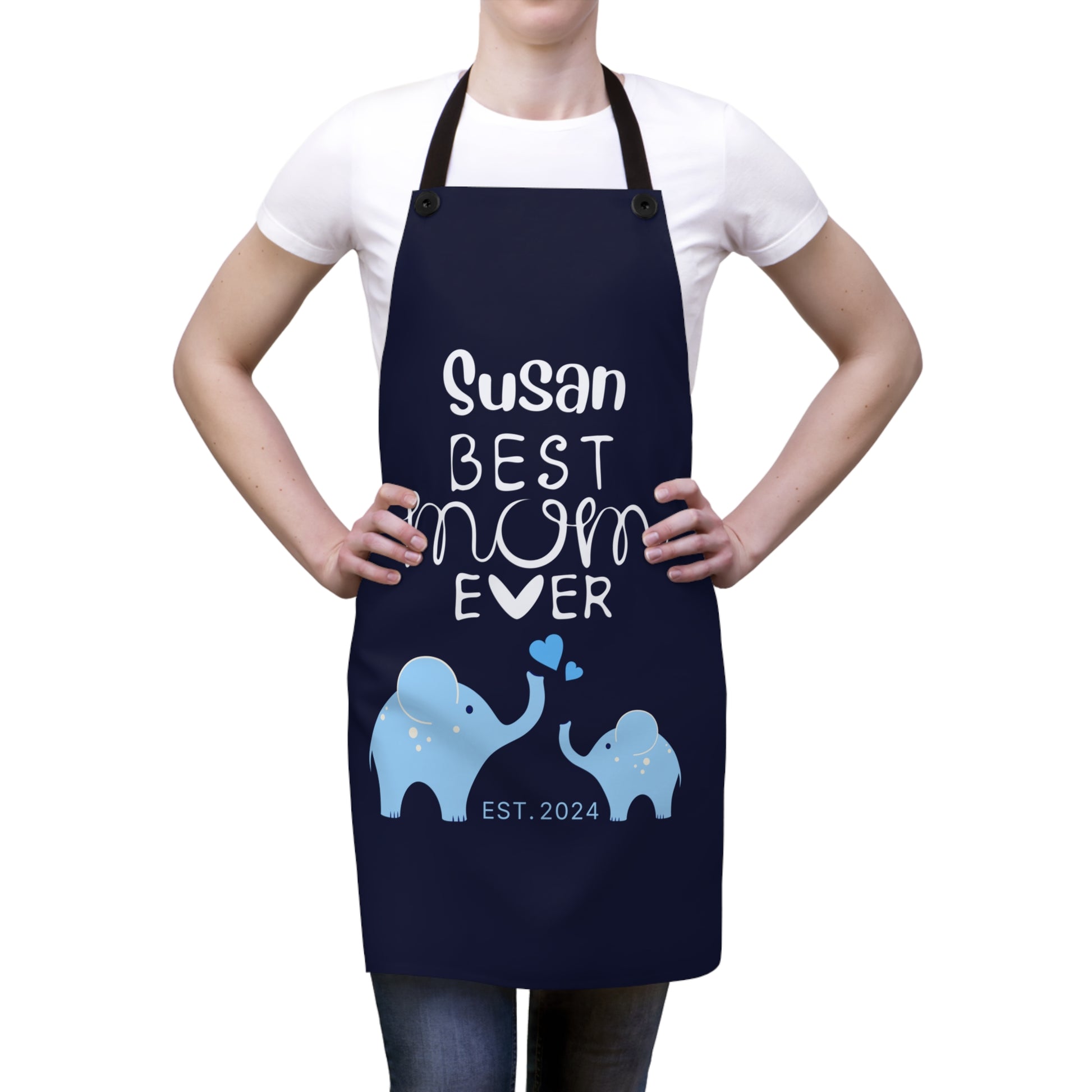 Personalized Best Mom Ever Gift Apron Blue Elephants, Gift for Mom Chef Apron One Size   - HolidayShoppingFinds