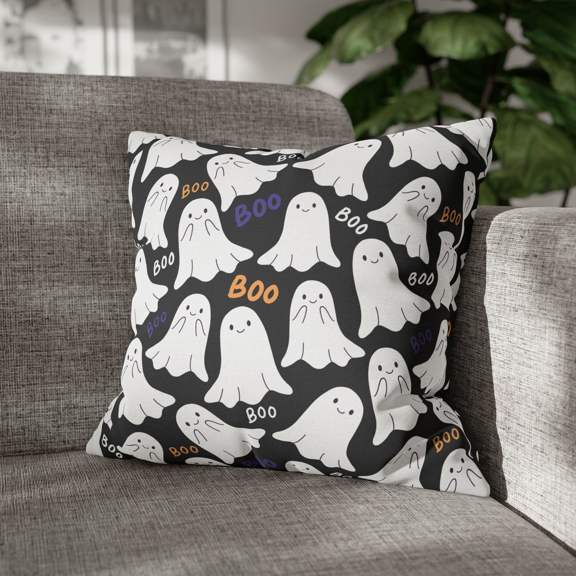 BOO Ghost Decorative Pillowcase Halloween Ghost Spooky Sofa Pillow B&W 18" × 18"   - HolidayShoppingFinds