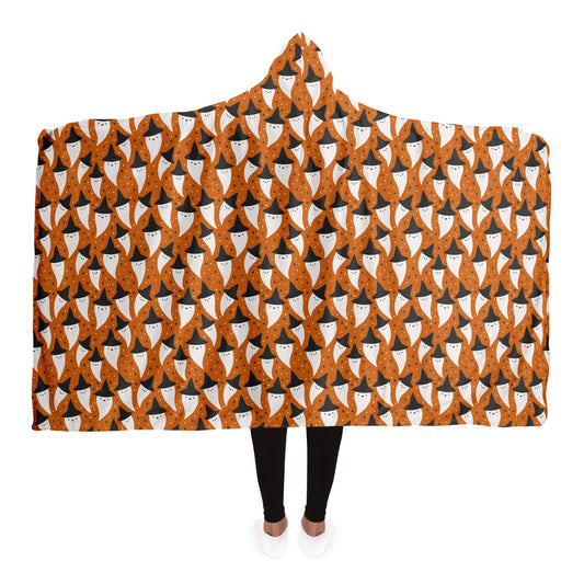 Halloween Spooky Ghosts Pattern Orange Hooded Blanket Adult Premium Sherpa  - HolidayShoppingFinds