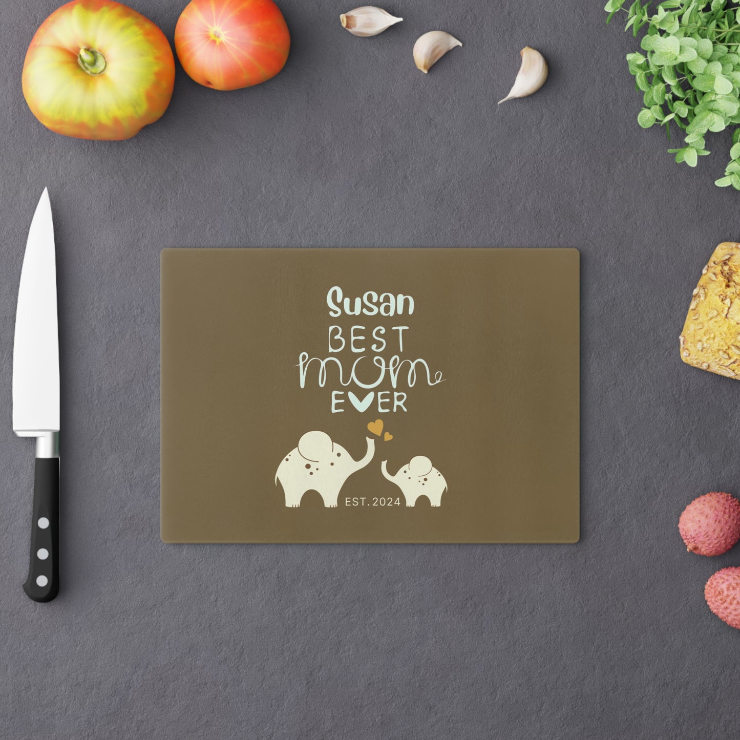 Personalized Best Mom Ever Glass Cutting Board, Gift for Mom, Elephants Cutting Board Khaki    - HolidayShoppingFinds