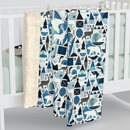 Frozen Forrest Sherpa Fleece Blanket, Abstract Blue Blanket with Bears, Deers, Birds, Trees    - HolidayShoppingFinds