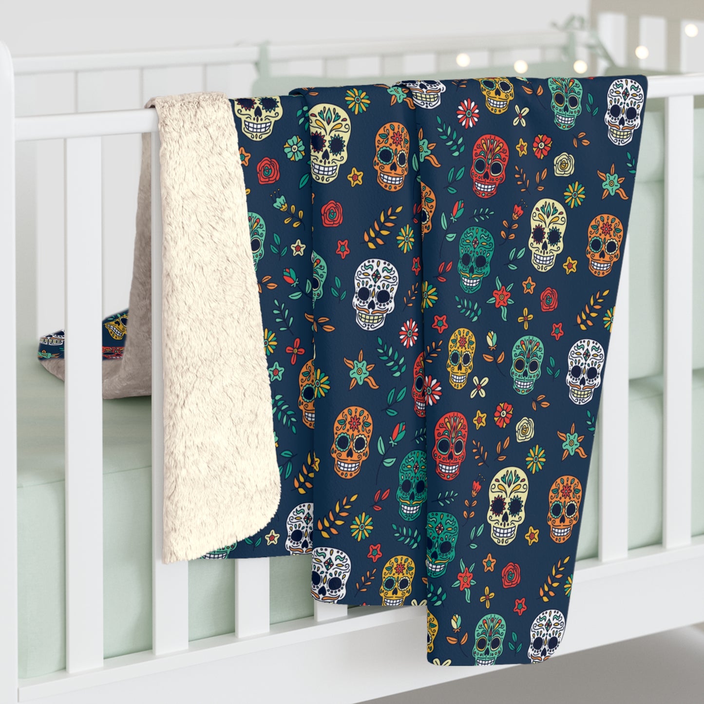 Sugar Skull Sherpa Blanket, Day of the Dead Halloween Blanket, Blue Throw Blanket, Cozy Sofa Blanket    - HolidayShoppingFinds