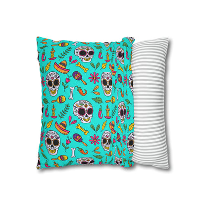 Sugar Skull Pillowcase, Day of the Dead Pillow Cover, Dia de Los Muertos Pillow, Halloween Pillow, Turquoise Decorative Square Pillow    - HolidayShoppingFinds