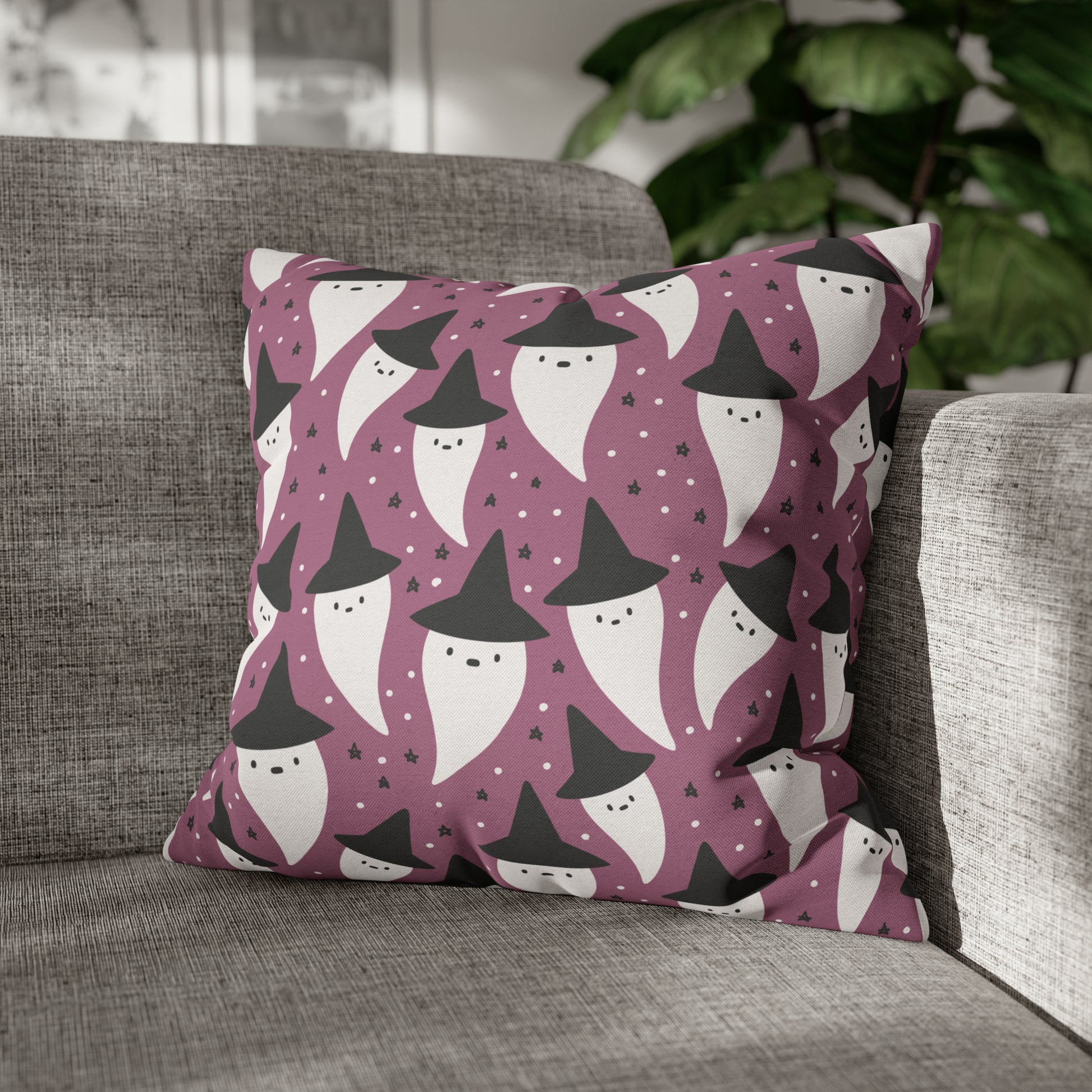 Whimsical Pillowcase, Spooky Ghosts Halloween Purple Pillow Cover, Square Accent Pillow Case 18" × 18"   - HolidayShoppingFinds