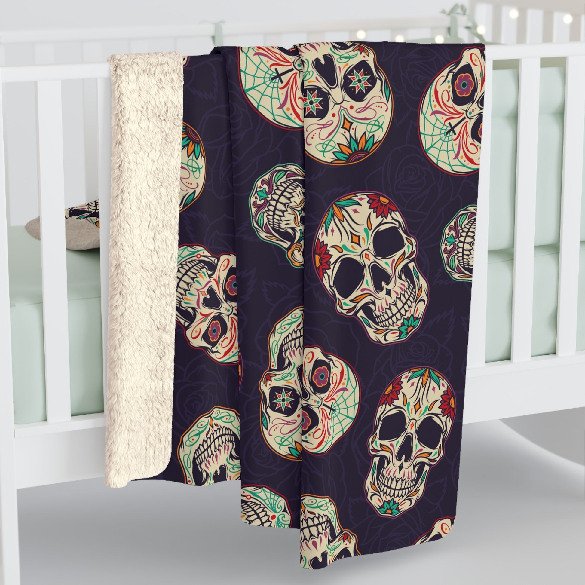 Gothic Sugar Skull Sherpa Fleece Blanket, Day of the Dead Purple Throw Blanket    - HolidayShoppingFinds