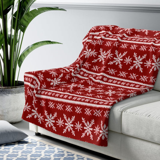 Scandinavian Holiday Sherpa Blanket, Red Winter Cozy Throw Blanket, Holiday Gift 50" × 60"   - HolidayShoppingFinds