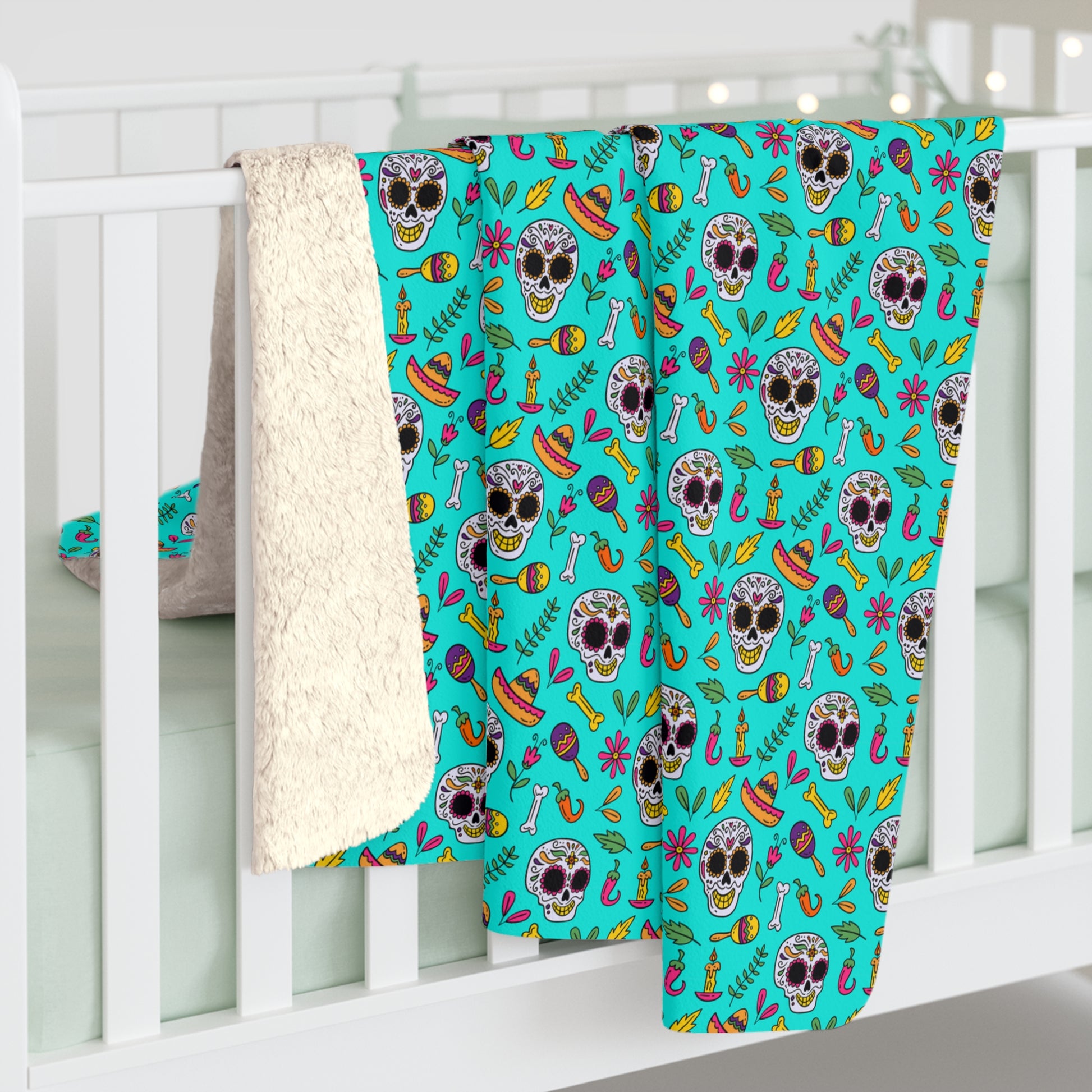 Sugar Skull Sherpa Blanket, Day of the Dead Turquoise Fleece Blanket    - HolidayShoppingFinds