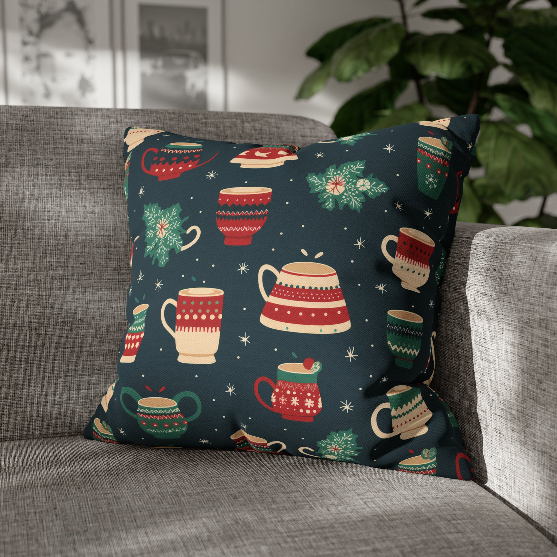 Hot Chocolate Pillowcase, Winter Accent Blue Pillow, Christmast Decoration, Christmas Gift 20" × 20"   - HolidayShoppingFinds