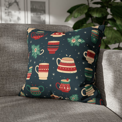 Hot Chocolate Pillowcase, Winter Accent Blue Pillow, Christmast Decoration, Christmas Gift 20" × 20"   - HolidayShoppingFinds