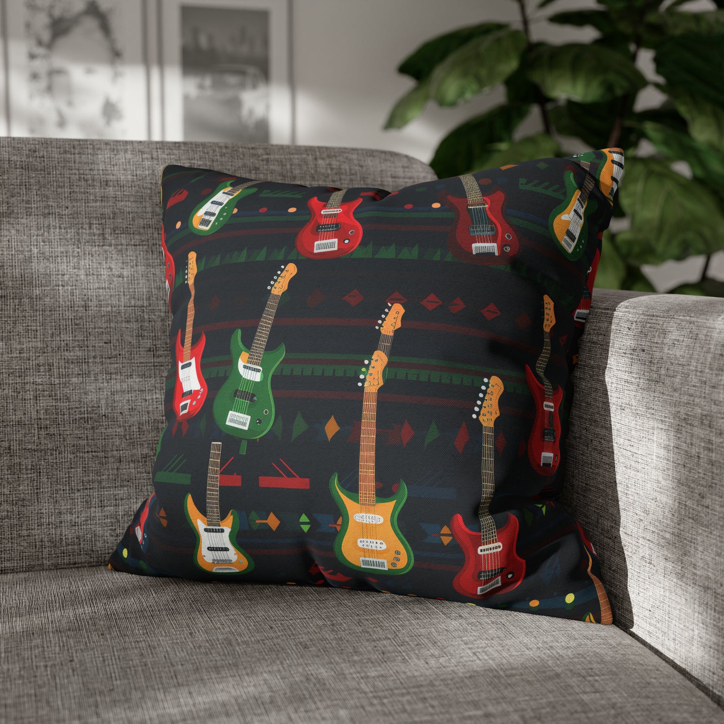 Rockstar Electric Guitar Pillowcase Cover, Red Green Yellow Guitars Accent Pillow 20" × 20"   - HolidayShoppingFinds