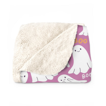 BOO Ghost Pink Sherpa Fleece Blanket, Halloween Ghost Throw Blanket    - HolidayShoppingFinds