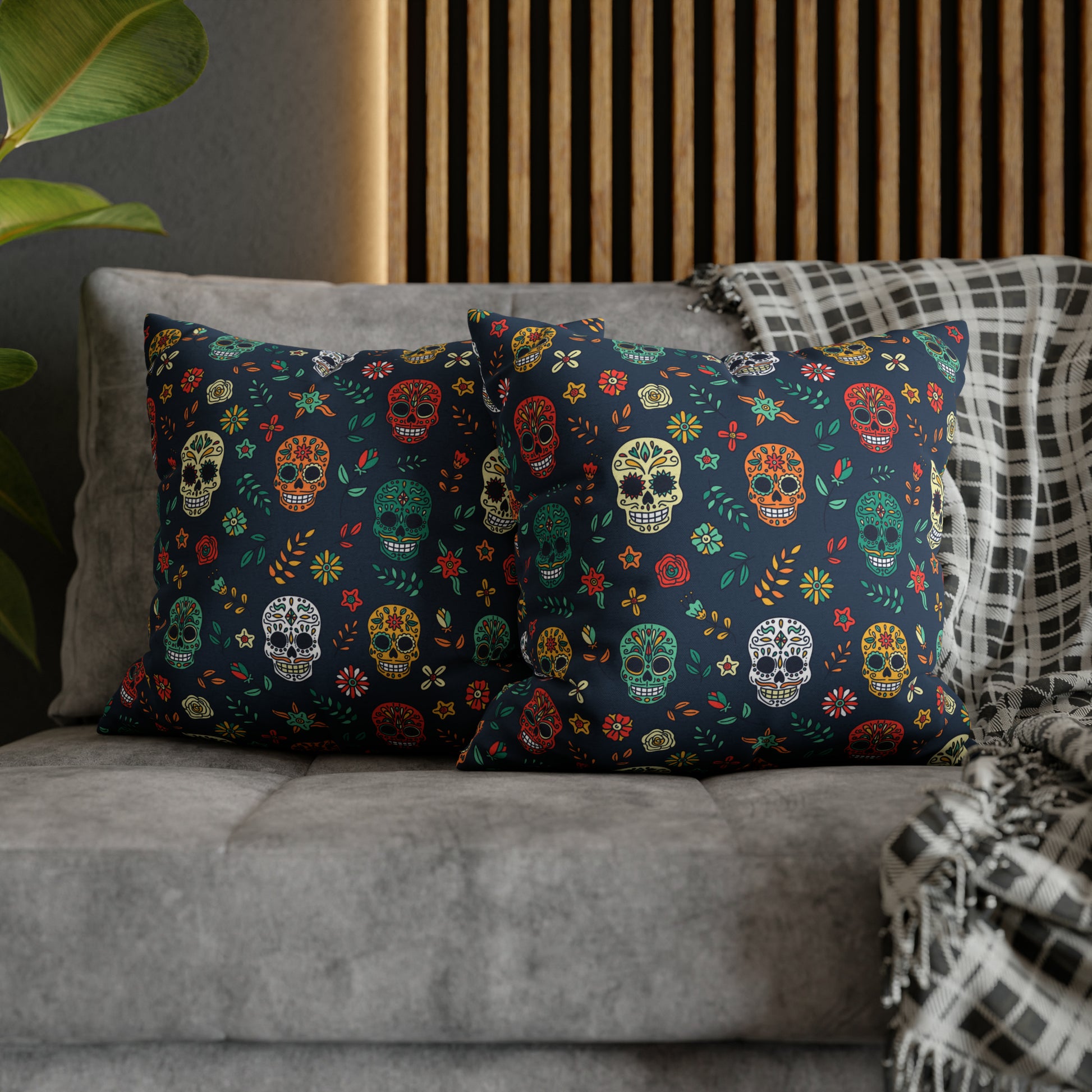 Sugar Skulls Pillowcase, Day of the Dead Pillow, Halloween Accent Blue Pillow Cover, Square Accent Pillow    - HolidayShoppingFinds