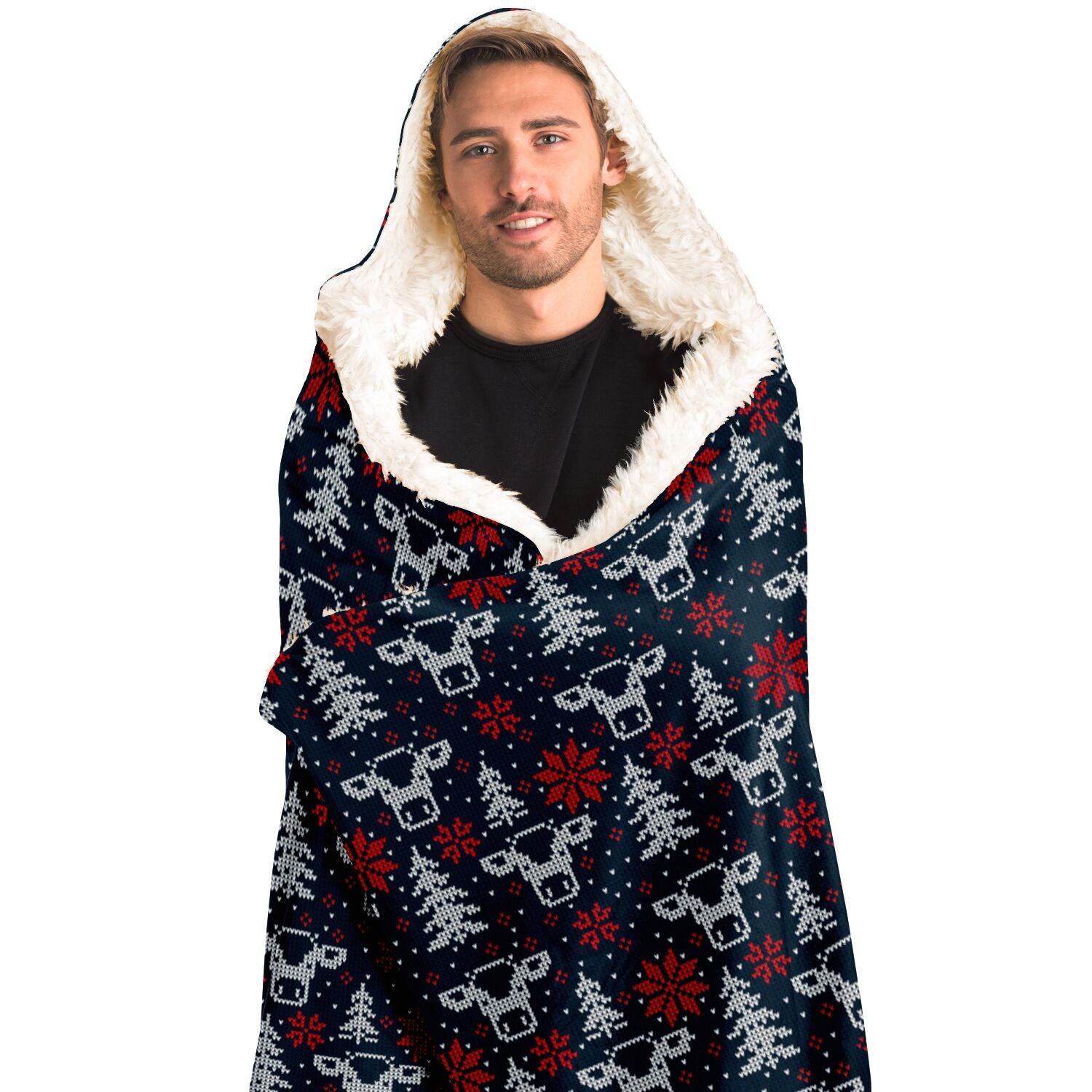 Blue Christmas Cows, Trees & Snowflakes Hooded Blanket    - HolidayShoppingFinds