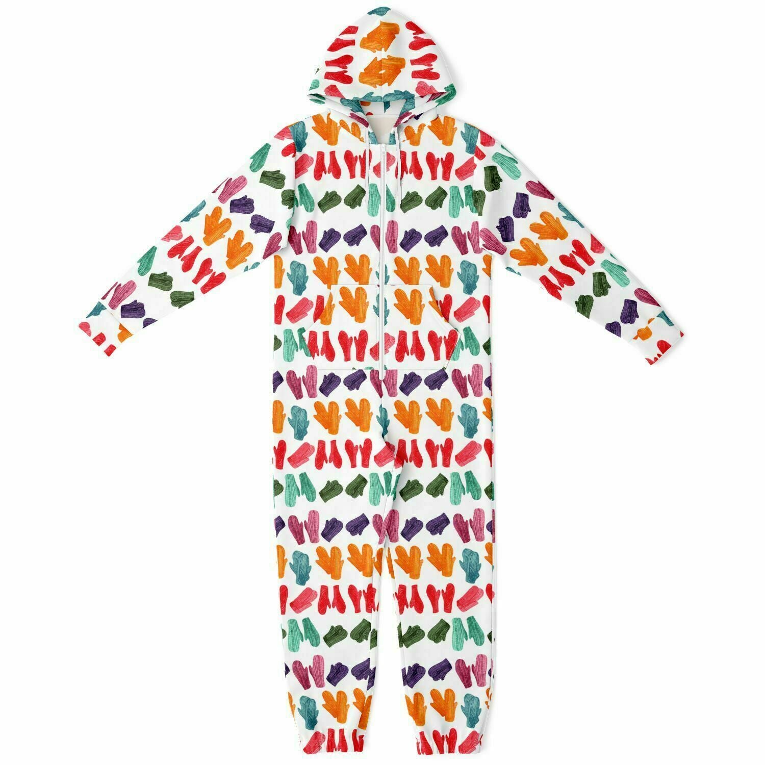 Vintage Colorful Mitten Pattern Adult Jumpsuit White Athletic Onesie Unisex PJ XS-S   - HolidayShoppingFinds