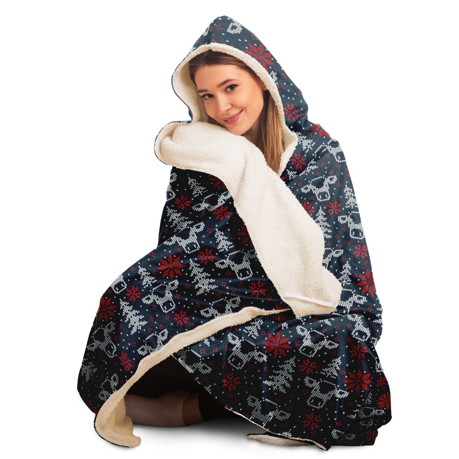 Blue Christmas Cows, Trees & Snowflakes Hooded Blanket    - HolidayShoppingFinds