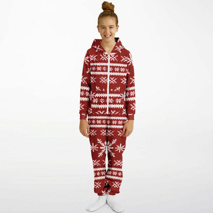 Scandinavian Holiday Pattern Red Teens Onesie, Festive Youth Athletic Jumpsuit    - HolidayShoppingFinds