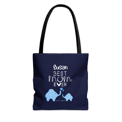 Personalized Best Mom Ever Tote Bag Gift for Mom, Baby Elephants Blue Tote Small   - HolidayShoppingFinds