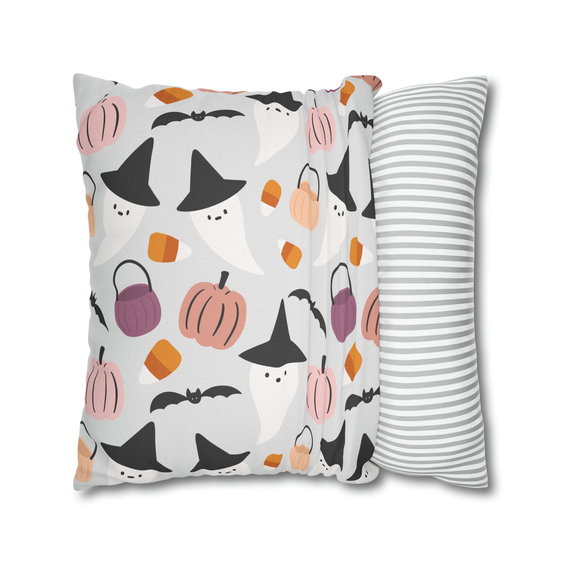 Whimsical Pillowcase, Halloween Ghost Bats Witch Hat Pumpkin Gray Pillow    - HolidayShoppingFinds