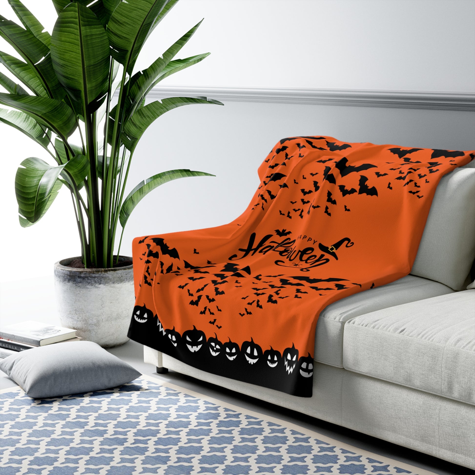 Happy Halloween Sherpa Fleece Blanket, Bats & Pumpkins Orange Throw 50" × 60"   - HolidayShoppingFinds