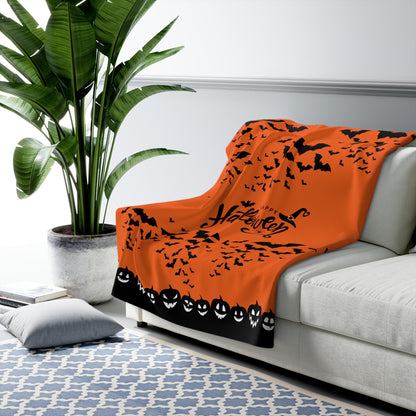 Happy Halloween Sherpa Fleece Blanket, Bats & Pumpkins Orange Throw 50" × 60"   - HolidayShoppingFinds